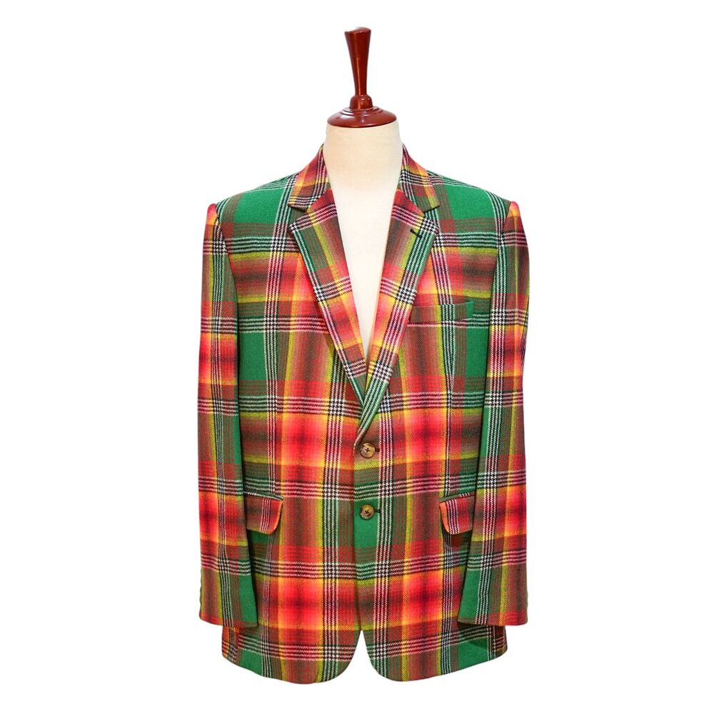 Mens Lambswool Sport Coat 44R Green Red Tartan Plaid Blazer 2 Button Wedding